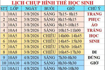 THÔNG BÁO LINK TRA CỨU THÔNG TIN LỚP VÀ LỊCH CHỤP  HÌNH THẺ CỦA HỌC SINH KHỐI 10 NĂM HỌC 2026-2027